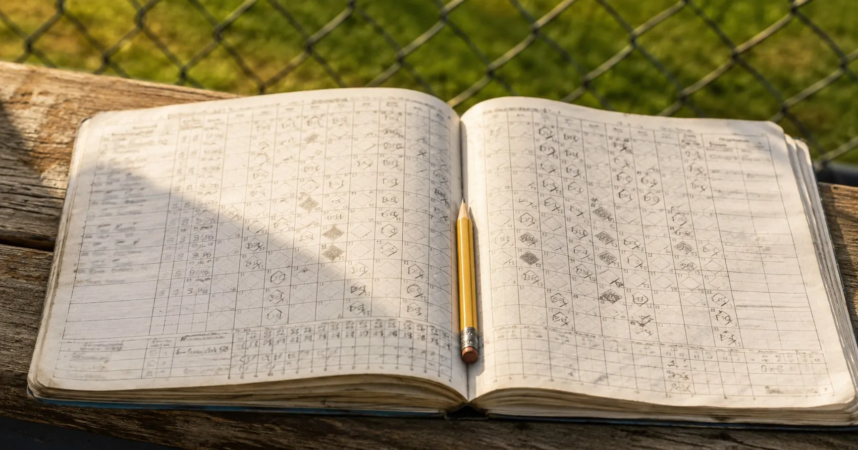 An open paper baseball scorebook on a wooden bench, filled in by hand in pencil.